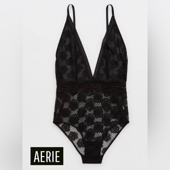 aerie Tops - Aerie Black Lace Plunge Bodysuit Valentine’s Day Date Night Sexy Feminine Small